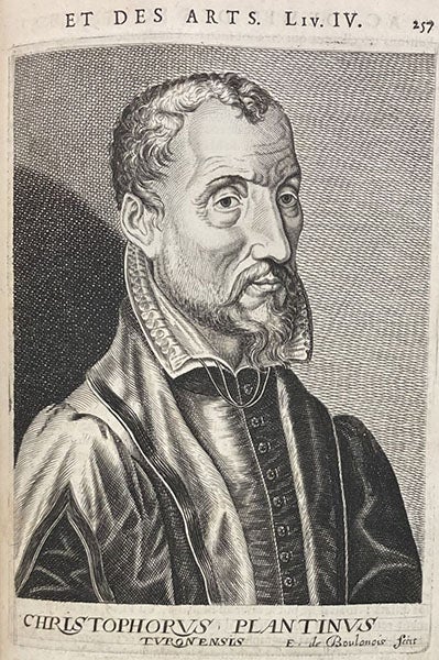 Portrait of Christophe Plantin, engraving in Academie des sciences et des arts, by Isaac Bullart, vol. 2, p. 257, 1682 (Linda Hall Library)