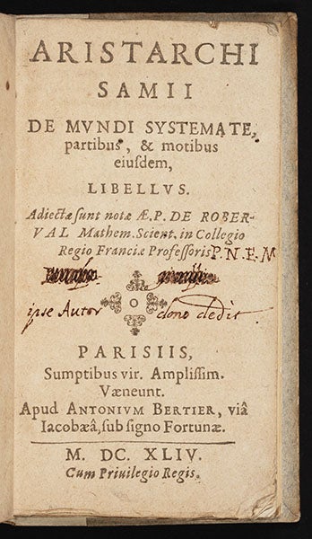 Title page of Aristarchi Samii De mundi systemate, by Gilles Personne de Roberval, 1644 (Linda Hall Library)