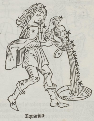 Aquarius. Image source: Hyginus, Jacobus Sentinus, and Joannes Lucilius Santritter. Poeticon Astronomicon. Venice: Erhard Ratdolt, 1482.