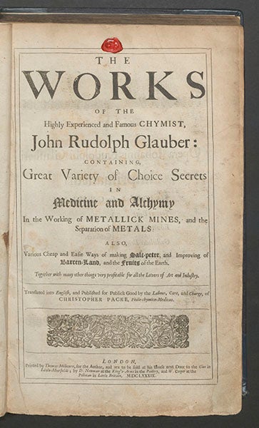 Title page, Johann Glauber, Works, 1689 (Linda Hall Library)
