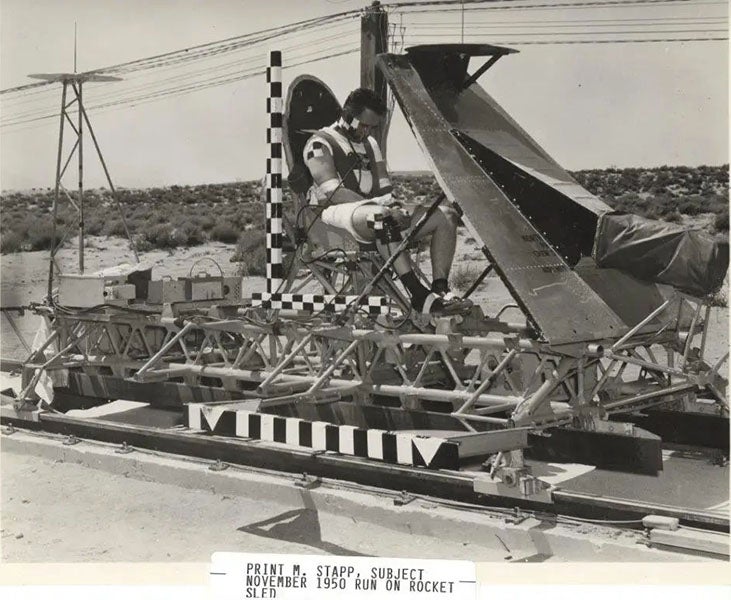 John Paul Stapp on early rocket sled at Holloman Air Force Base, photograph, 1950 (Business Insider)