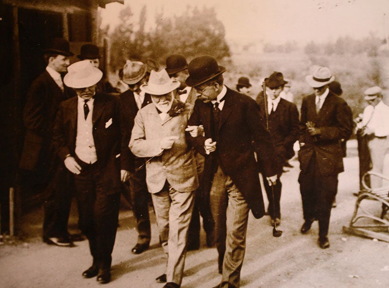 Andrew Carnegie (white beard) and George Ellery Hale walking arm in arm, photograph, undated, but ca 1905, (palomarskies.blogspot.com)