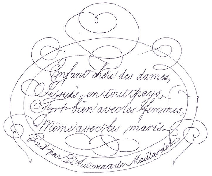 Drawing #1, a poem, written by the automaton at the Franklin Institute, sometime after 2007, revealing that it was written by “the automaton of Maillardet” (Wikimedia commons)