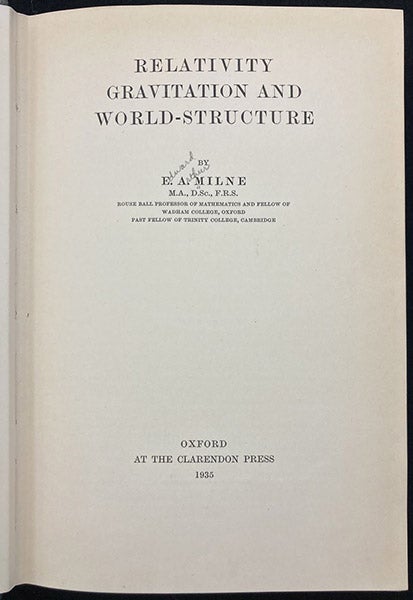 Title page, Relativity, Gravitation and World-Structure, by E. A. Milne, 1935 (Linda Hall Library)