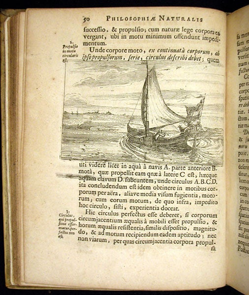 A boat sailing in a circle, demonstrating Descartes’ principle of circular inertia, text engraving in Wolferd Senguerd, Philosophia naturalis, 1685 (Linda Hall Library)