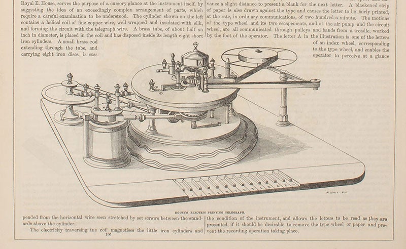 The House printing telegraph displayed at the Exhibition of the Industry of All Nations, New York, text engraving, The World of Science, Art, and Industry Illustrated from Examples in the New-York Exhibition, 1853-54, 1854 (Linda Hall Library)