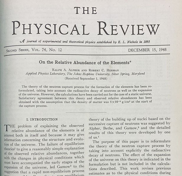 Opening paragraph of “On the relative abundance of the elements,” by Ralph A. Alpher and Robert C. Herman, Physical Review, vol. 74, Dec. 15, 1948 (Linda Hall Library)
