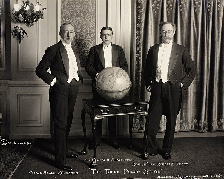 “Three Polar Stars,” Roald Amundsen (left), Ernest Shackleton, and Robert E. Peary, at the National Geographic Society in Washington, D.C., 1913 (Wikimedia commons)