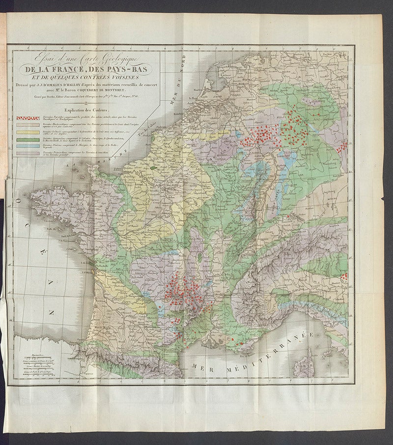 Geological map of France, hand-colored engraving, by Jean Baptiste d'Omalius d'Halloy, in Annales des Mines, vol. 7, 1822 (Linda Hall Library)