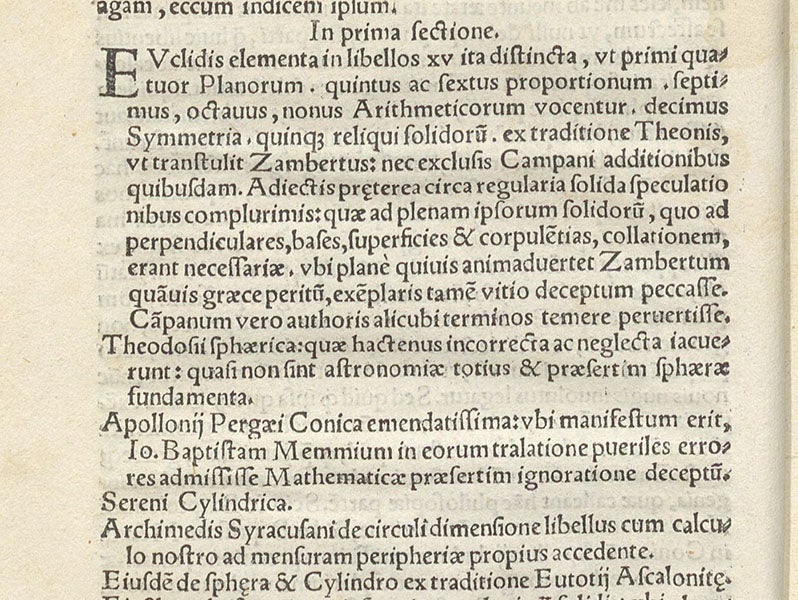 Detail of one page of the dedication to Pietro Bembo, showing the beginning of Maurolico’s publishing program, with mention of Euclid, Theon, Apollonius, and Archimedes, Cosmographia, by Francesco Maurolico, 1543 (Linda Hall Library)