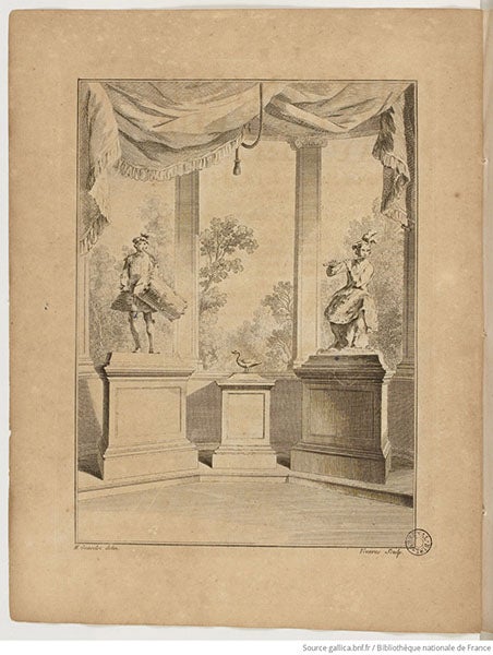 The three automata of Jacques de Vaucanson, engraved frontispiece after a drawing by Hubert-François Gravelot, in Le Mécanisme du fluteur automate, présenté ą Messieurs de l'Académie royale des sciences, by Jacques de Vaucanson, 1738, Bibliothèque nationale de France (gallica.bnf.fr)