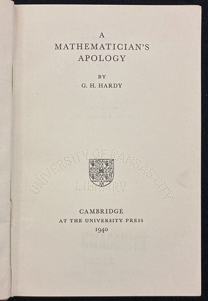 Title page, A Mathematician’s Apology, by G.H. Hardy, 1940 (Linda Hall Library)