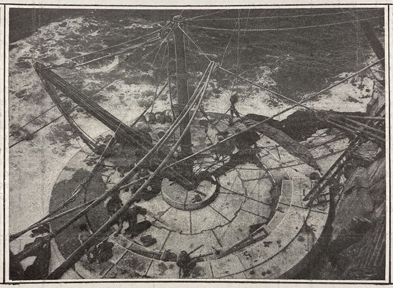 Constructing one of the early courses of the new Fastnet Rock Lighthouse, photograph ca 1899, Scientific American, Sep. 28, 1907, vol. 97, no. 13, p. 226 (Linda Hall Library)