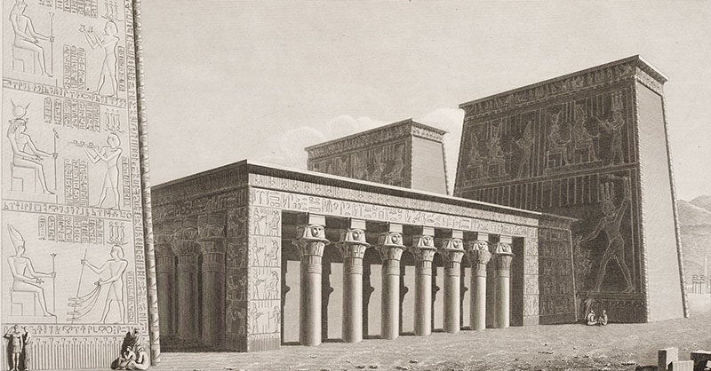 The Temple of the West at Philae, restored on paper, engraving after drawing by Jean-Baptiste Prosper Jollois and Edouard Devilliers du Terrage Description de l’Égypte, Antiquités, vol. 1, 1809 (Linda Hall Library)