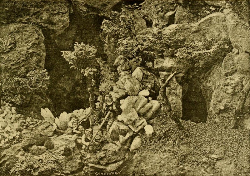 Three gnomes in the rockery at Lamport Hall, photograph, Gardeners' Chronicle, Sep. 25, 1897, p. 211 (archive.org)
