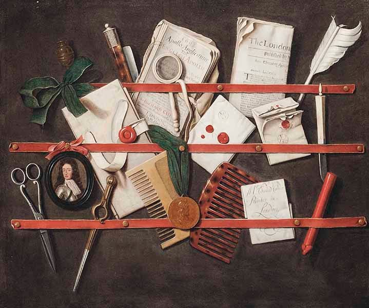 Letter rack, oil on canvas, by Edward Collier, undated, auctioned at Christie’s, 2015 (christies.com)