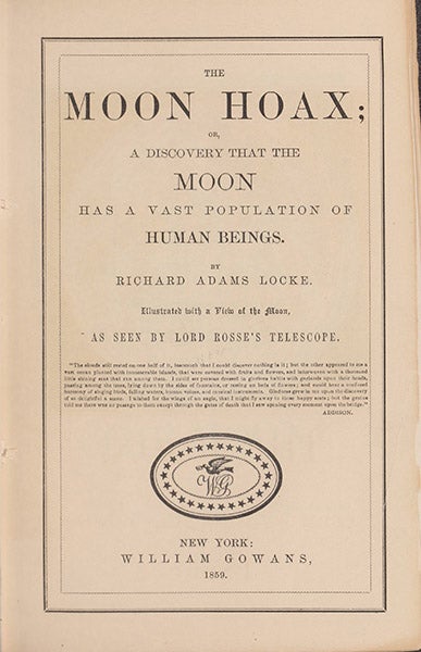 Title page, The Moon Hoax, or a Discovery that the Moon has a Vast Population of Human Beings, by Richard Adams Locke, 1835 (Linda Hall Library)