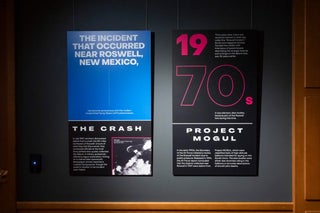 Life Beyond Earth exhibition Roswell panel and Project Mogul panel