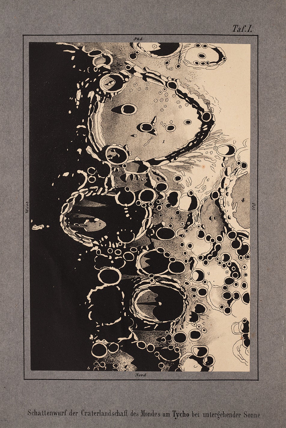 The two chromolithographs that decorate the book are among the most vivid of nineteenth-century lunar illustrations. Reproduced is his drawing of sunset over Clavius (top), Maginus (left-center) and Tycho (bottom, with central peak). The region takes on quite a different appearance when depicted as a map (see item 22.)