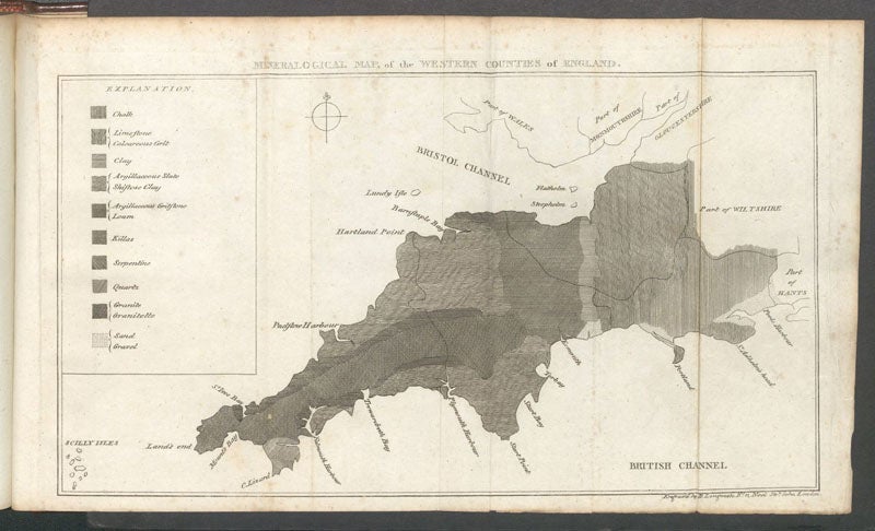 Geological map of Cornwall, Devon, Dorset, and Somerset, engraving, in Observations Relative Chiefly to the Natural History, Picturesque Scenery, and Antiquities of the Western Countries of England, by William George Maton, vol. 2, plate at end, 1797 (Linda Hall Library)
