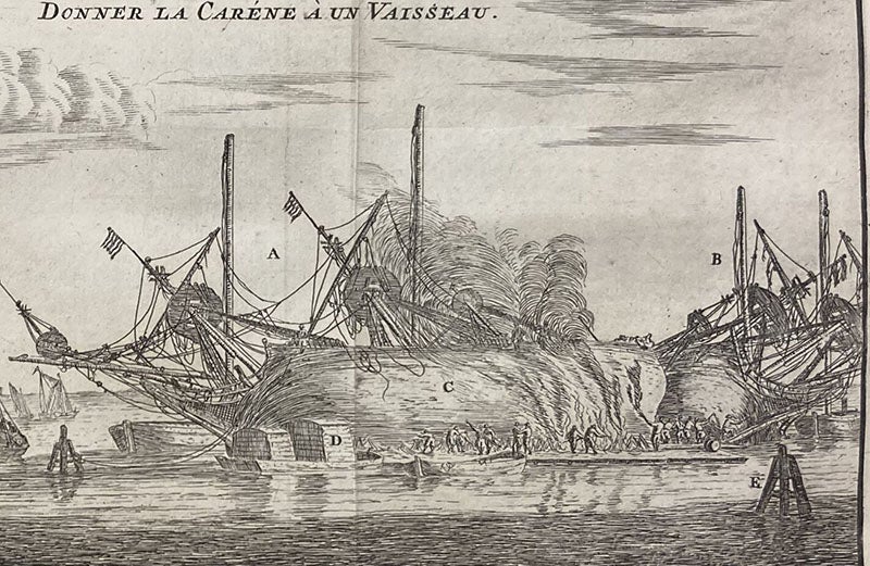 Detail of seventh image, careening a ship, engraving, L'art de batir les vaisseaux, by Nicolaas Witsen et al, p. 92, 1719 (Linda Hall Library)
