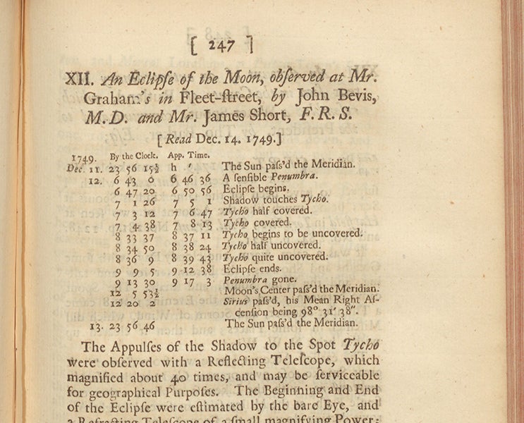 First page of a short paper recording observations of a lunar eclipse made by James Short and John Bevis at the home of instrument maker George Graham, Philosophical Transactions of the Royal Society of London, vol 46, no. 493, 1749 (Linda Hall Library)