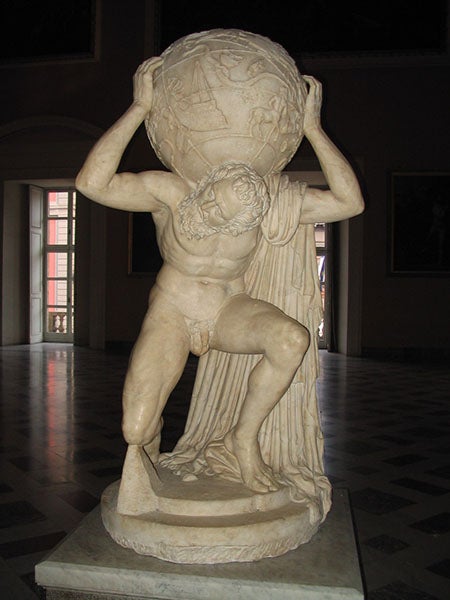 The Farnese Atlas, sculpted in marble ca 150 C.E., Museo Archeologico Nazionale, Naples (Wikimedia commons)