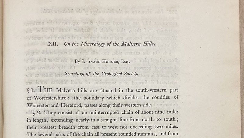 Detail of first paragraph, “On the mineralogy of the Malvern Hills,” by Leonard Horner, Transactions of the Geological Society of London, vol. 1, 1811 (Linda Hall Library)