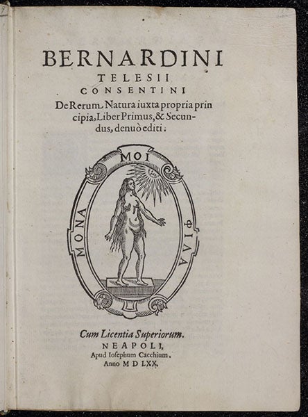 Titlepage, De rerum natura iuxta propria principia, by Bernardino Telesio, 1570 (Linda Hall Library)