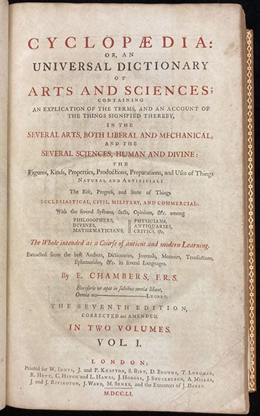 Title page, Cyclopædia, or, an Universal Dictionary of Arts and Sciences, by Ephraim Chambers, 7th ed., vol. 1, 1751-52 (Linda Hall Library)
