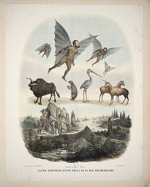 Life on the moon according to John Herschel [and Richard Adams Locke], colored lithograph, Leopoldo Galluzzo, Altre scoverte fatte nella luna dal Sigr. Herschel, 1836, Smithsonian Libraries (library.si.edu)