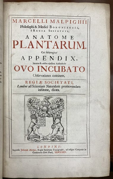 Crest of the Royal Society of London, engraved titlepage vignette, Marcello Malpighi, Anatome plantarum, 1675 (Linda Hall Library)