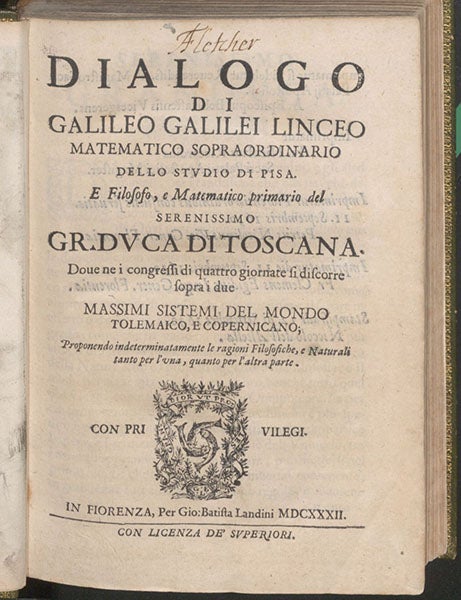 Title page, Dialogo … sopra i due massimi sistemi del mondo, by Galileo Galile, 1632, copy 1 (Linda Hall Library)