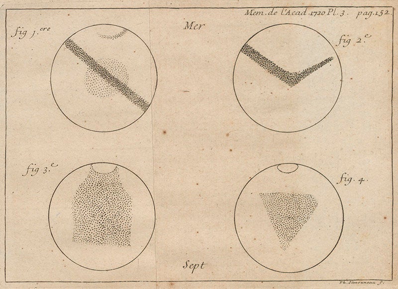 Four drawings of Mars made during the 1719 opposition, engraving, in Giacomo Maraldi, "Observations sur les taches de Mars", Memoires de l'Academie Royale des Sciences, 1720 (Linda Hall Library)