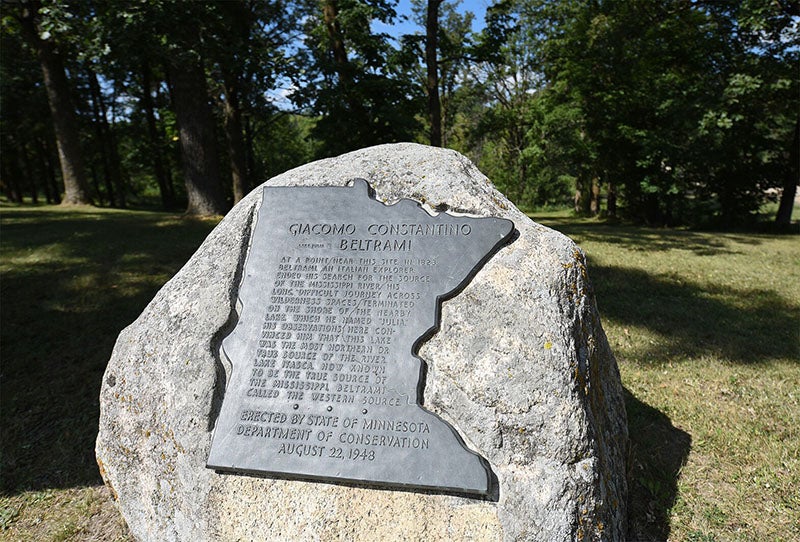 Memorial commemorating Giacomo Beltrami, Beltrami County, northern Minnesota, installed in 1948 (bemidjipioneer.com)