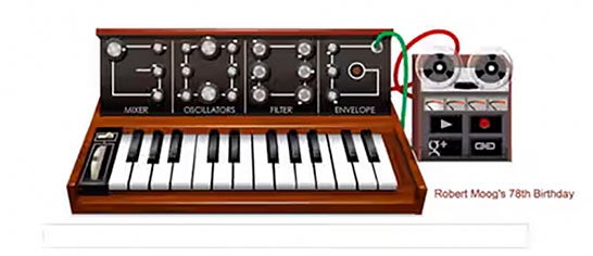 Google Doodle for May 23, 2012, honoring the 78th birthday of Robert Moog with a working image of his Minimoog synthesizer.  This image is inert; to play the Moog in the Doodle, see the link in the text (theguardian.com)