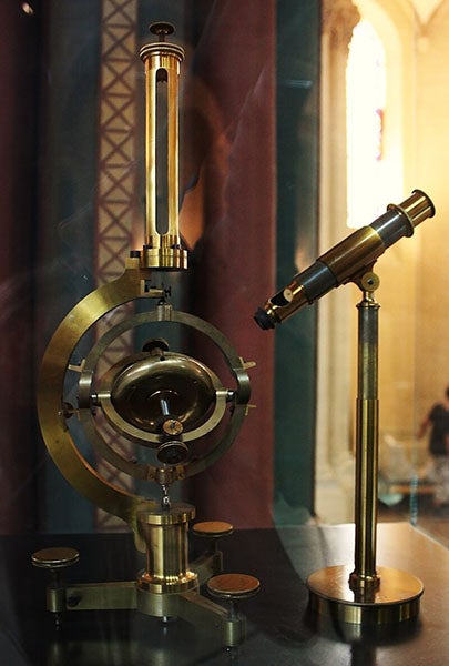 Foucault gyroscope, built by Dumoulin-Froment, showing the microscope used to measure the drift of the gimbals, caused by the motion of the Earth, Conservatoire national des arts et métiers, Paris (Wikimedia commons)