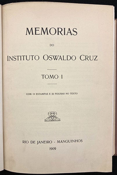 Title page, volume 1, Memórias do Instituto Oswaldo Cruz, 1909 (Linda Hall Library)