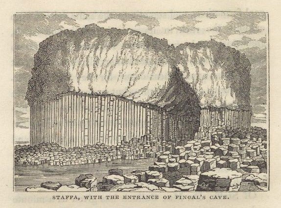 A view of Staffa and Fingal’s Cave, wood engraving, in William Thomas Brande, <i>Outlines of Geology</i>, 1829 ed. (Linda Hall Library)