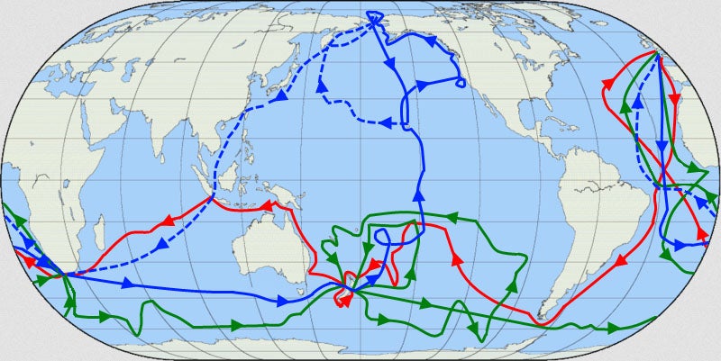 Map of Captain Cook’s three voyages, with the second voyage, 1772-75, in green (marinersmuseum.org)