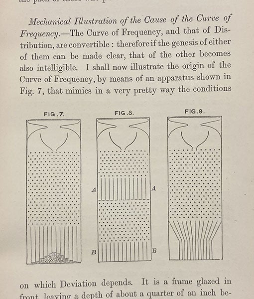 A “Galton board” for demonstrating normal distribution and the bell curve, diagram in Natural Inheritance, by Francis Galton, p. 63, 1889 (Linda Hall Library)