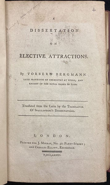 Title page, A Dissertation on Elective Attractions, by Torbern Bergman, transl. by Thomas Beddoes, 1785 (Linda Hall Library)