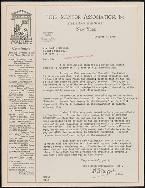 Letter from William D. Moffat to Harlin Garland, Oct. 7, 1919, asking Garland if he would write an article on Theodore Roosevelt for a future issue of The Mentor, USC Digital Library (digitallibrary.usc.edu)