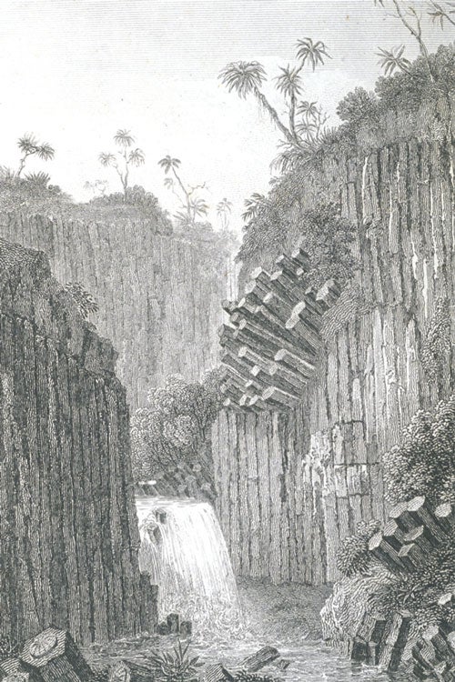 Columnar basalt formations at Regla in Mexico. Image source: Humboldt, Alexander Frieherr von. Researches, Concerning the Institutions & Monuments of the Ancient Inhabitants of America. Vol. 1, London, 1814, pl. 8.