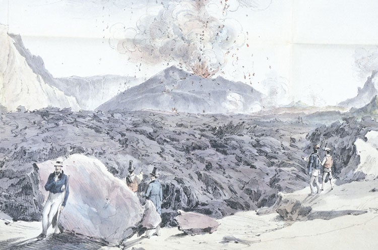 Panoramic view of the Mount Vesuvius crater, Sept. 18, 1831, with Auldjo in the center, and others of his party wandering about. Image source: Auldjo, John. Sketches of Vesuvius. Naples: George Glass, Largo S. Ferdinando, 1832, pp. 10-11.