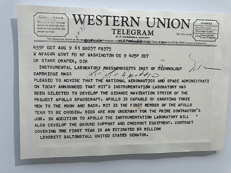 Telegram of Aug. 9, 1961, from NASA to MIT IL, announcing that they had been awarded the contract for the Apollo guidance system and computer (Wikimedia commons)