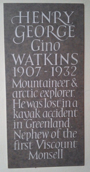 Memorial for Gino Watkins at St. Peter's Church, Dumbleton, Gloucestershire (Wikimedia commons)