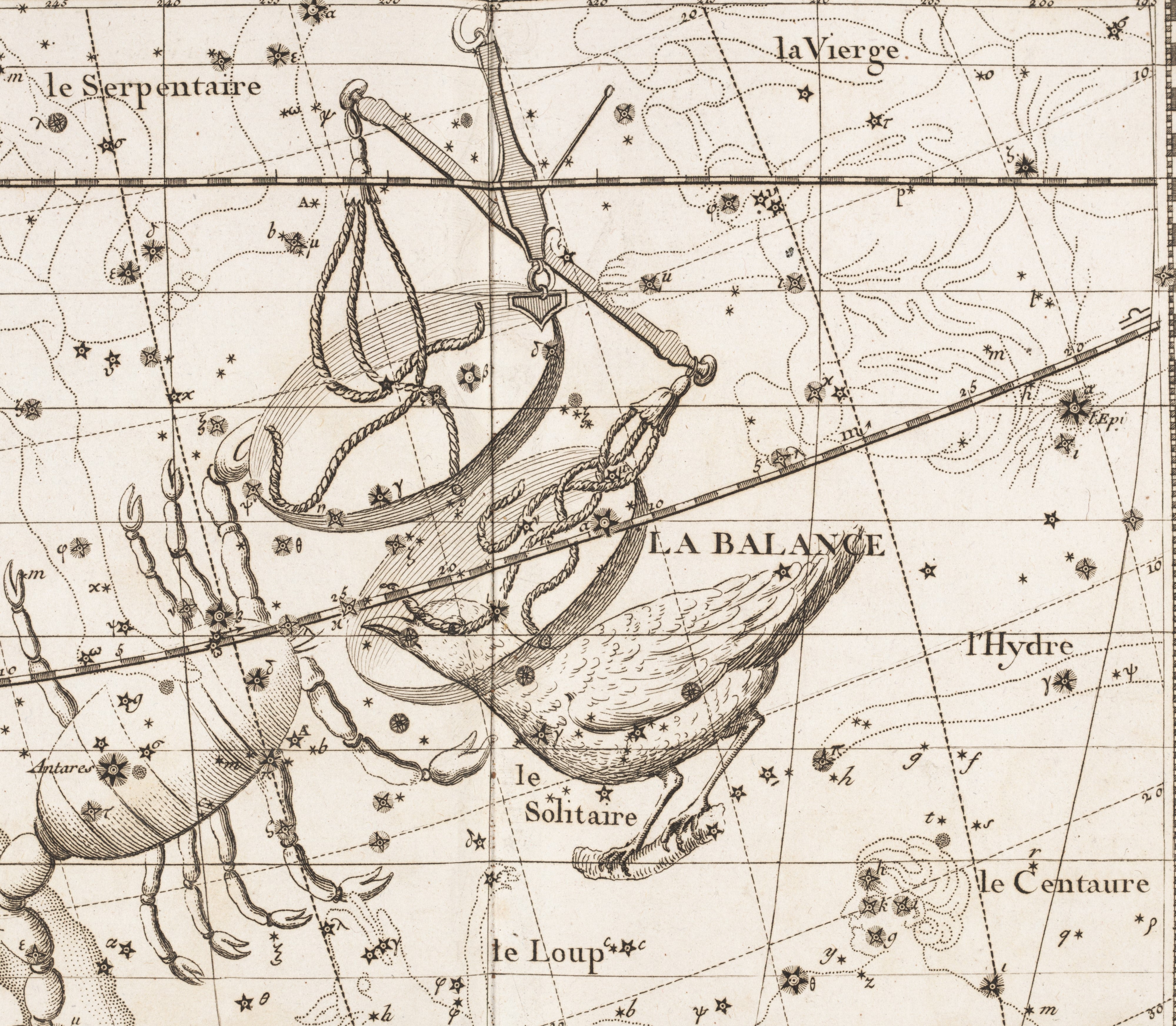 Detail of the tail of Hydra, showing the Solitaire. Image source: Flamsteed, John. Atlas céleste. 3rd éd. Paris: Lamarche, 1795, pl. 19.
