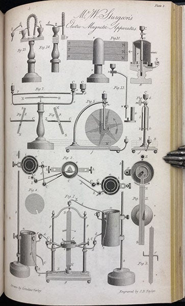Engraved plate with a variety of William Sturgeon’s electromagnetic inventions and devices, including his electromagnet at top left, Transactions of the Society, Instituted at London, for the Encouragement of Arts, Manufactures, and Commerce, vol. 43, plate 3 at end, 1825 (Linda Hall Library)