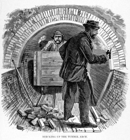Bricking the arch in the lake tunnel. Image source: The Tunnels and Water System of Chicago: Under the Lake and Under the River. Chicago: J.M. Wing & Co., 1874, p. 53.